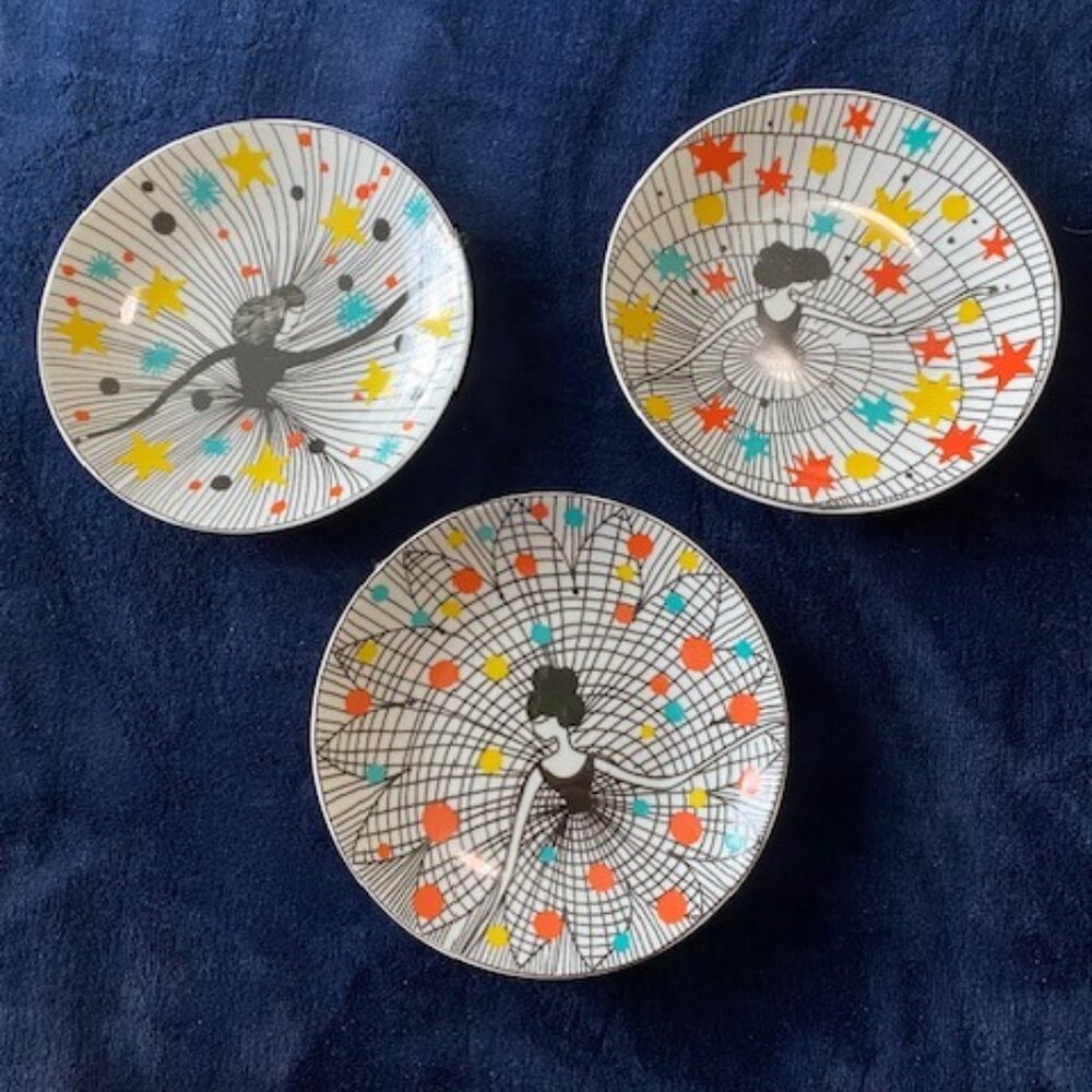 Vintage FRAGONARD PARFUMEUR Set 3 Festive Dancing Ladies Porcelain DESSERT PLATE